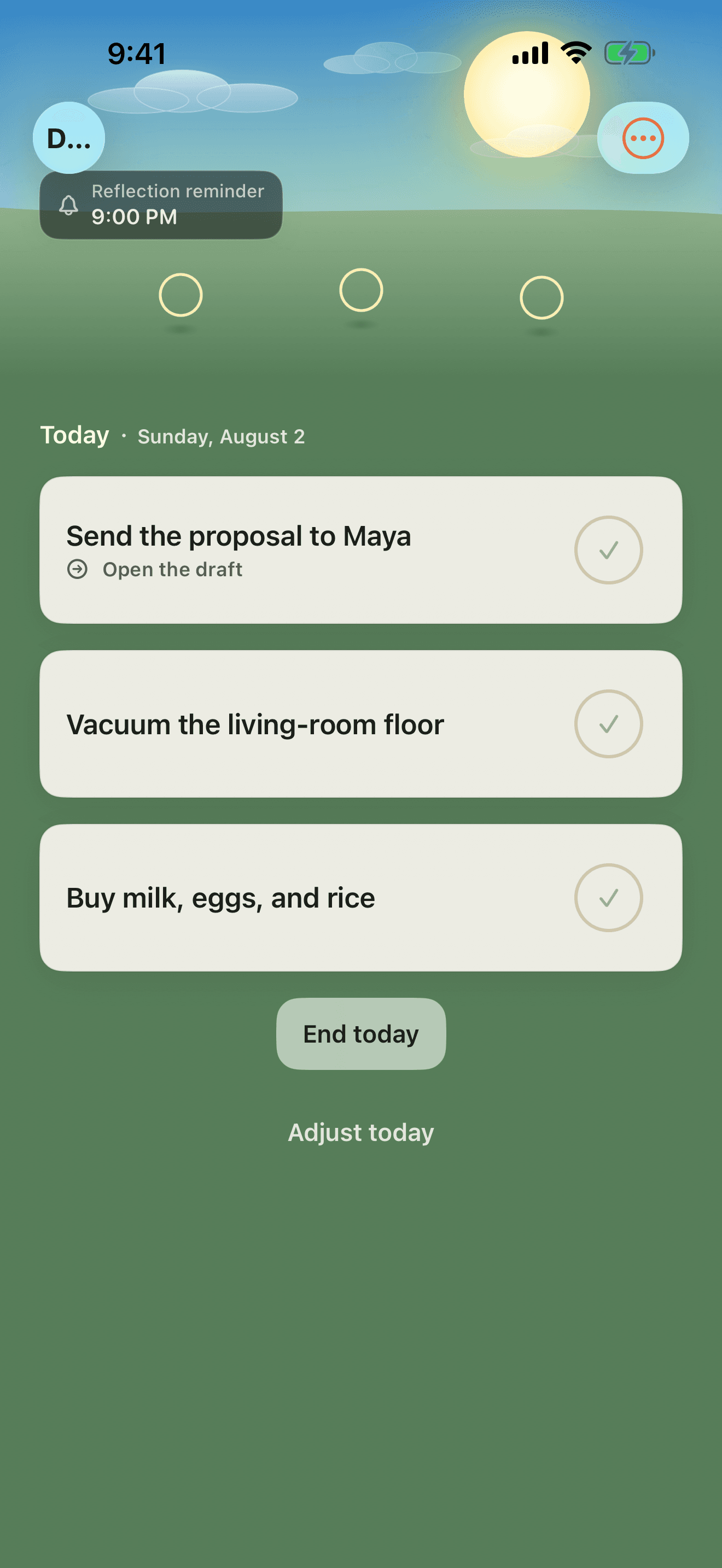 DayRamp showing three clear promises for today